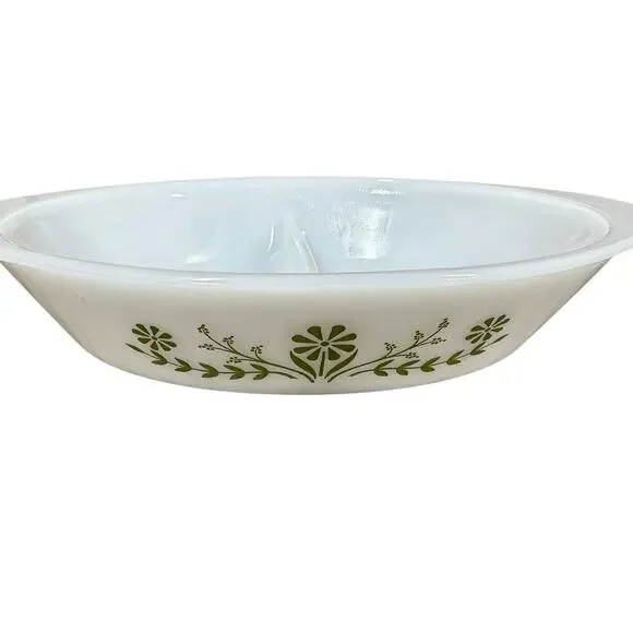 Vtg 60s Oval Glasbake White Green Crazy Daisy Divided Oval Casserole Dish 12” - Picture 2 of 9